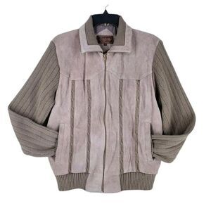 Vtg 60s Chartwell Suede Wool Knit Jacket Mens L Beige Gray Satin Lined